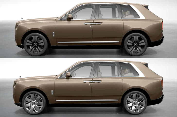 Rolls Royce Cullinan exterior side profile with different wheel designs